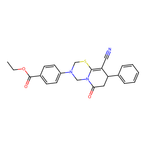 ethyl 4-(9-cyano-6-oxo-8-phenyl-7,8-dihydro-2H,6H-pyrido[2,1-b][1,3,5]thiadiazin-3(4H)-yl)benzoate structure