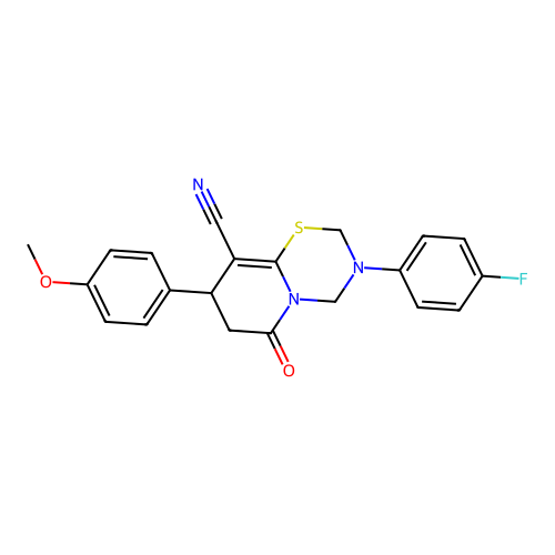 3-(4-fluorophenyl)-8-(4-methoxyphenyl)-6-oxo-3,4,7,8-tetrahydro-2H,6H-pyrido[2,1-b][1,3,5]thiadiazine-9-carbonitrile structure