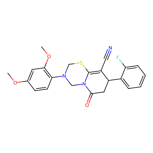 3-(2,4-dimethoxyphenyl)-8-(2-fluorophenyl)-6-oxo-2,3,4,6,7,8-hexahydropyrido[2,1-b][1,3,5]thiadiazine-9-carbonitrile structure