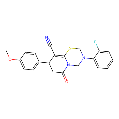 3-(2-fluorophenyl)-8-(4-methoxyphenyl)-6-oxo-3,4,7,8-tetrahydro-2H,6H-pyrido[2,1-b][1,3,5]thiadiazine-9-carbonitrile structure