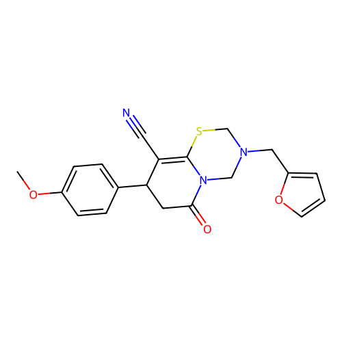 3-(furan-2-ylmethyl)-8-(4-methoxyphenyl)-6-oxo-2,4,7,8-tetrahydropyrido[2,1-b][1,3,5]thiadiazine-9-carbonitrile structure