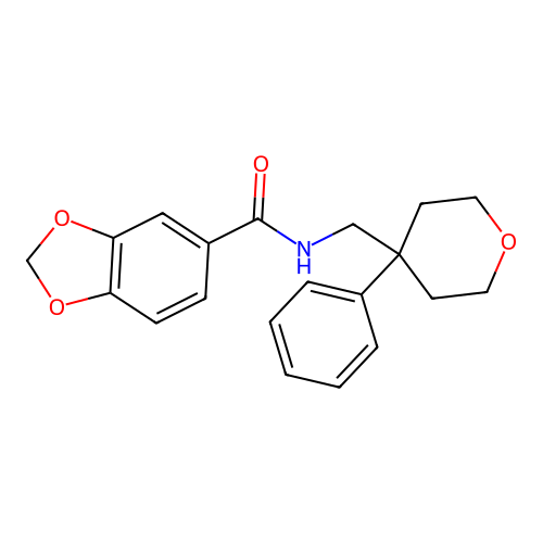N-[(4-phenyloxan-4-yl)methyl]-1,3-benzodioxole-5-carboxamide structure