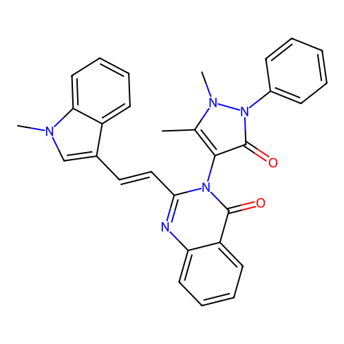 (E)-3-(1,5-dimethyl-3-oxo-2-phenyl-2,3-dihydro-1H-pyrazol-4-yl)-2-(2-(1-methyl-1H-indol-3-yl)vinyl)quinazolin-4(3H)-one structure