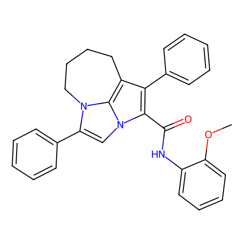 N-(2-methoxyphenyl)-1,4-diphenyl-5,6,7,8-tetrahydro-2a,4a-diazacyclopenta[cd]azulene-2-carboxamide structure
