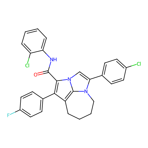 N-(2-chlorophenyl)-4-(4-chlorophenyl)-1-(4-fluorophenyl)-5,6,7,8-tetrahydro-2a,4a-diazacyclopenta[cd]azulene-2-carboxamide structure