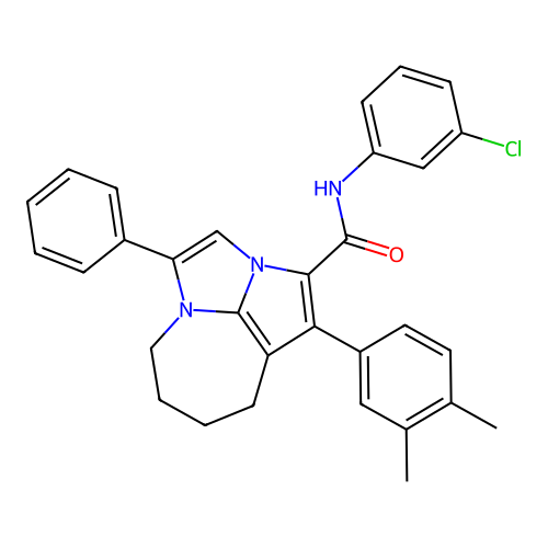 N-(3-chlorophenyl)-1-(3,4-dimethylphenyl)-4-phenyl-5,6,7,8-tetrahydro-2a,4a-diazacyclopenta[cd]azulene-2-carboxamide structure