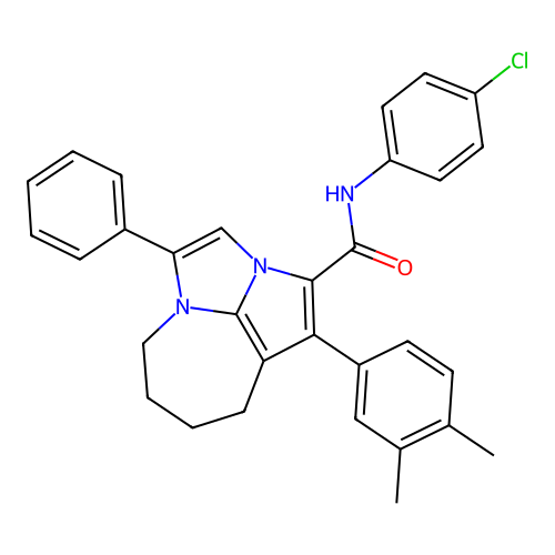 N-(4-chlorophenyl)-1-(3,4-dimethylphenyl)-4-phenyl-5,6,7,8-tetrahydro-2a,4a-diazacyclopenta[cd]azulene-2-carboxamide structure