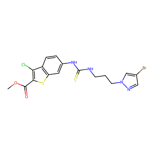 methyl 6-({[3-(4-bromo-1H-pyrazol-1-yl)propyl]carbamothioyl}amino)-3-chloro-1-benzothiophene-2-carboxylate structure