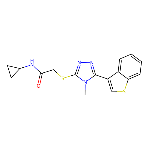 2-[[5-(1-benzothiophen-3-yl)-4-methyl-1,2,4-triazol-3-yl]sulfanyl]-N-cyclopropylacetamide structure