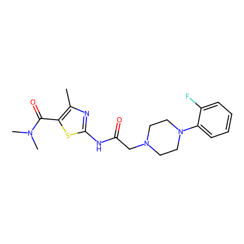 2-[[2-[4-(2-fluorophenyl)piperazin-1-yl]acetyl]amino]-N,N,4-trimethyl-1,3-thiazole-5-carboxamide structure