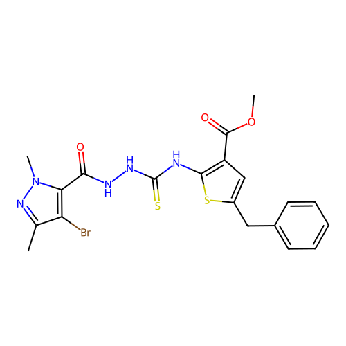 methyl 2-[({[(4-bromo-1,3-dimethylpyrazol-5-yl)carbonylamino]amino}thioxomethy l)amino]-5-benzylthiophene-3-carboxylate structure