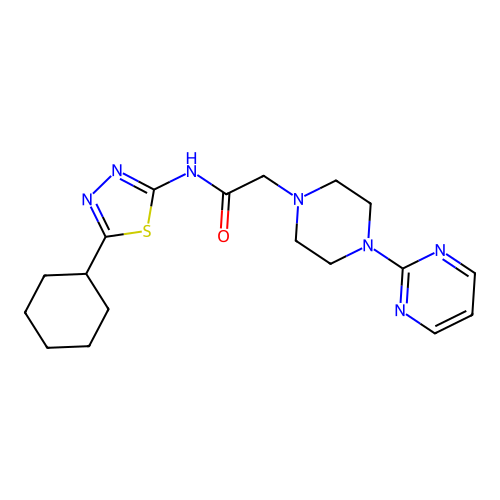 N-(5-cyclohexyl-1,3,4-thiadiazol-2-yl)-2-(4-pyrimidin-2-ylpiperazin-1-yl)acetamide structure
