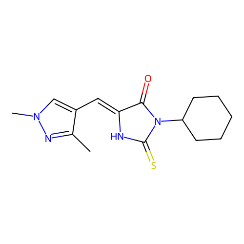3-cyclohexyl-5-[(1,3-dimethylpyrazol-4-yl)methylene]-2-thioxo-imidazolidin-4-one structure