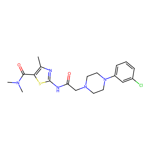 2-[[2-[4-(3-chlorophenyl)piperazin-1-yl]acetyl]amino]-N,N,4-trimethyl-1,3-thiazole-5-carboxamide structure