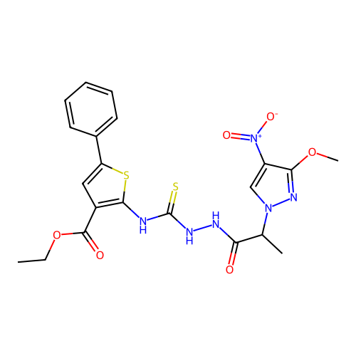ethyl 2-(2-(2-(3-methoxy-4-nitro-1H-pyrazol-1-yl)propanoyl)hydrazinecarbothioamido)-5-phenylthiophene-3-carboxylate structure