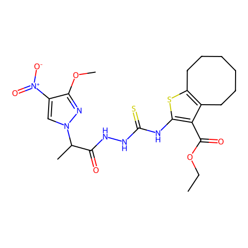 ethyl 2-[({2-[2-(3-methoxy-4-nitro-1H-pyrazol-1-yl)propanoyl]hydrazinyl}carbonothioyl)amino]-4,5,6,7,8,9-hexahydrocycloocta[b]thiophene-3-carboxylate structure