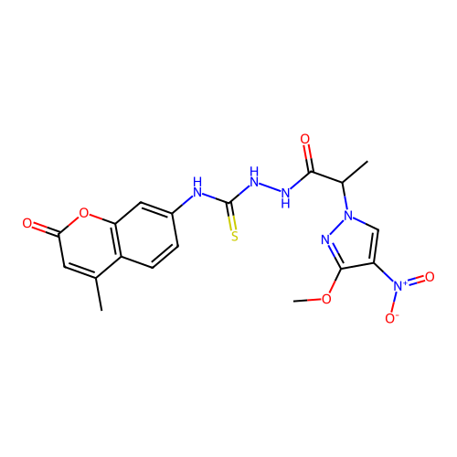 1-[2-(3-methoxy-4-nitropyrazol-1-yl)propanoylamino]-3-(4-methyl-2-oxochromen-7-yl)thiourea structure