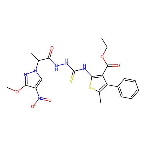 ethyl 2-[({2-[2-(3-methoxy-4-nitro-1H-pyrazol-1-yl)propanoyl]hydrazinyl}carbonothioyl)amino]-5-methyl-4-phenylthiophene-3-carboxylate structure