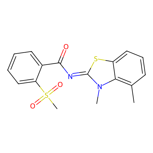 N-(3,4-dimethyl-1,3-benzothiazol-2-ylidene)-2-methylsulfonylbenzamide structure
