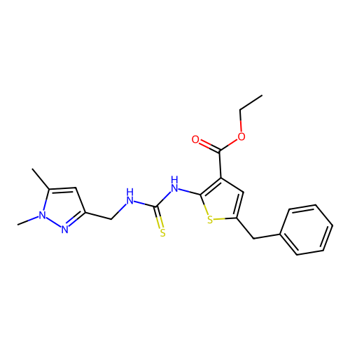 ethyl 2-[({[(1,5-dimethylpyrazol-3-yl)methyl]amino}thioxomethyl)amino]-5-benzy lthiophene-3-carboxylate structure