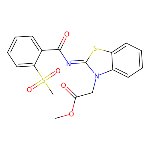 Methyl 2-[2-(2-methylsulfonylbenzoyl)imino-1,3-benzothiazol-3-yl]acetate structure
