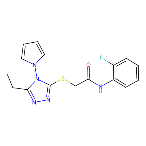 2-{[5-ethyl-4-(1H-pyrrol-1-yl)-4H-1,2,4-triazol-3-yl]sulfanyl}-N-(2-fluorophenyl)acetamide structure