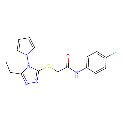 2-{[5-ethyl-4-(1H-pyrrol-1-yl)-4H-1,2,4-triazol-3-yl]sulfanyl}-N-(4-fluorophenyl)acetamide structure