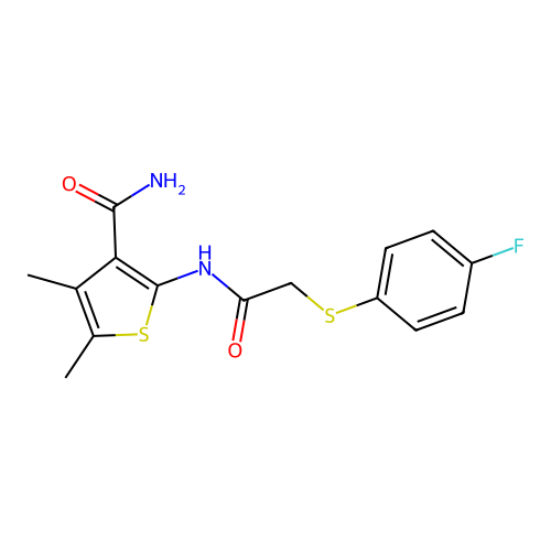 2-(2-((4-Fluorophenyl)thio)acetamido)-4,5-dimethylthiophene-3-carboxamide structure