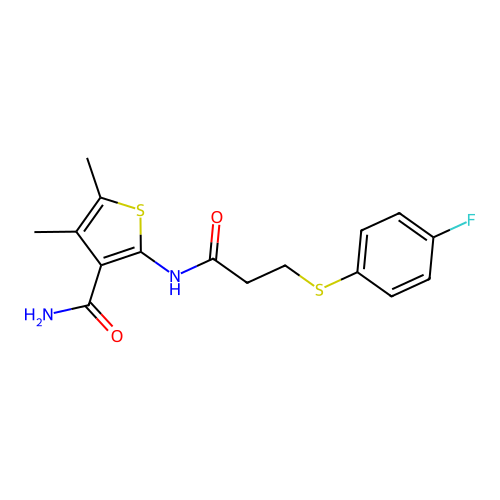 2-(3-((4-Fluorophenyl)thio)propanamido)-4,5-dimethylthiophene-3-carboxamide structure