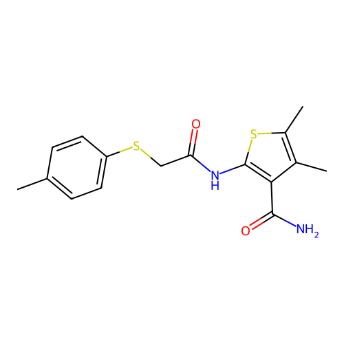 4,5-Dimethyl-2-(2-(p-tolylthio)acetamido)thiophene-3-carboxamide structure