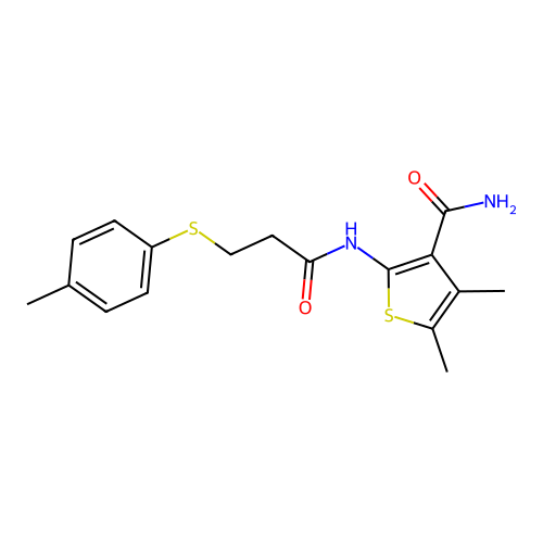 4,5-Dimethyl-2-(3-(p-tolylthio)propanamido)thiophene-3-carboxamide structure