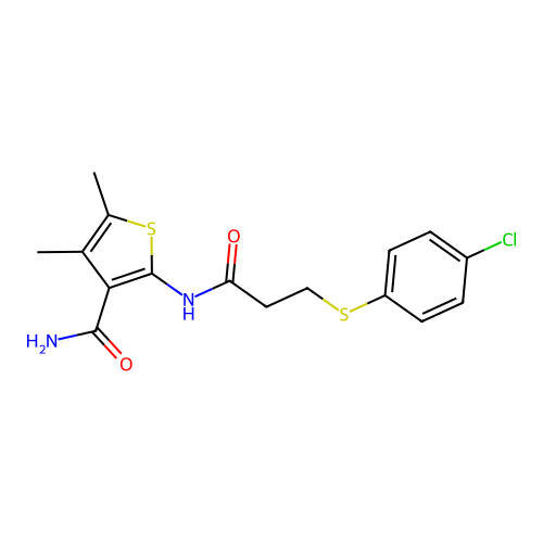 2-(3-((4-Chlorophenyl)thio)propanamido)-4,5-dimethylthiophene-3-carboxamide structure