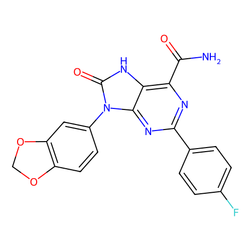 9-(1,3-benzodioxol-5-yl)-2-(4-fluorophenyl)-8-oxo-7H-purine-6-carboxamide structure