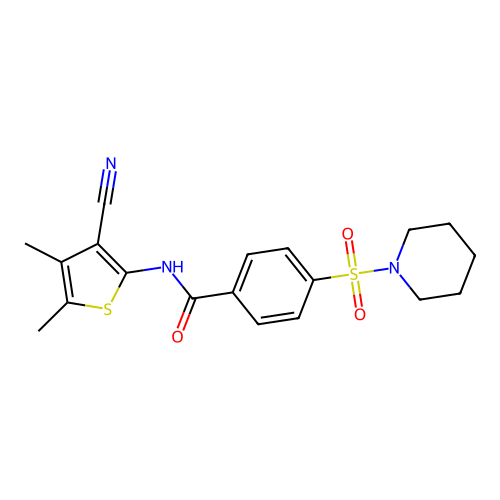 N-(3-cyano-4,5-dimethylthiophen-2-yl)-4-(piperidin-1-ylsulfonyl)benzamide structure
