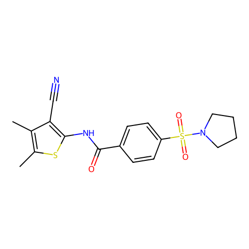 N-(3-cyano-4,5-dimethylthiophen-2-yl)-4-pyrrolidin-1-ylsulfonylbenzamide structure