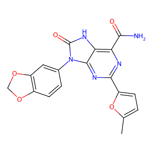 9-(1,3-benzodioxol-5-yl)-2-(5-methylfuran-2-yl)-8-oxo-7H-purine-6-carboxamide structure