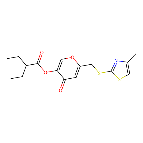 6-(((4-methylthiazol-2-yl)thio)methyl)-4-oxo-4H-pyran-3-yl 2-ethylbutanoate structure
