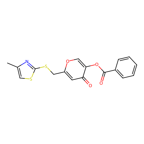 6-(((4-methylthiazol-2-yl)thio)methyl)-4-oxo-4H-pyran-3-yl benzoate structure