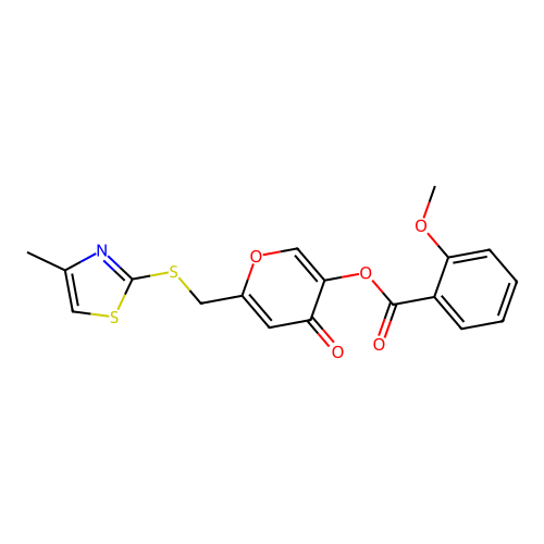 6-(((4-methylthiazol-2-yl)thio)methyl)-4-oxo-4H-pyran-3-yl 2-methoxybenzoate structure