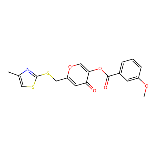 6-(((4-methylthiazol-2-yl)thio)methyl)-4-oxo-4H-pyran-3-yl 3-methoxybenzoate structure