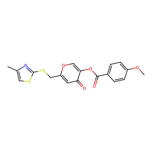 6-(((4-methylthiazol-2-yl)thio)methyl)-4-oxo-4H-pyran-3-yl 4-methoxybenzoate structure