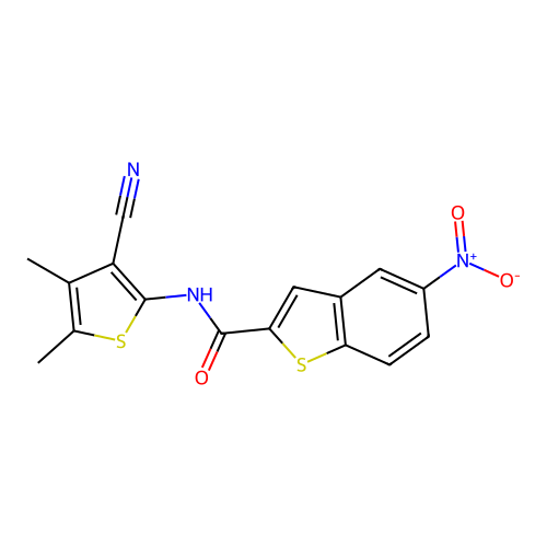 N-(3-cyano-4,5-dimethylthiophen-2-yl)-5-nitro-1-benzothiophene-2-carboxamide structure