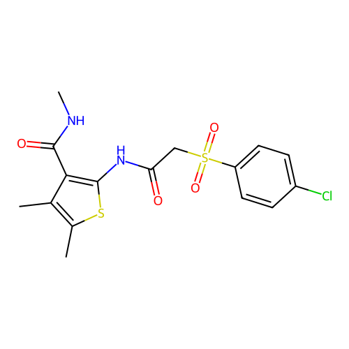 2-(2-((4-chlorophenyl)sulfonyl)acetamido)-N,4,5-trimethylthiophene-3-carboxamide structure