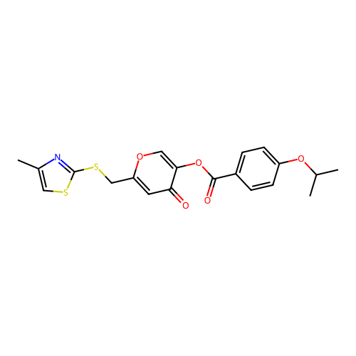 6-(((4-methylthiazol-2-yl)thio)methyl)-4-oxo-4H-pyran-3-yl 4-isopropoxybenzoate structure