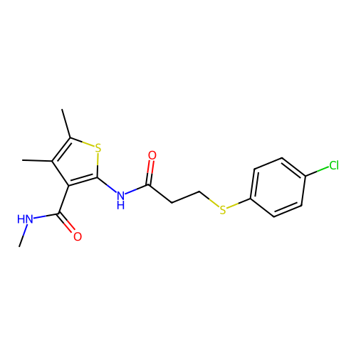2-(3-((4-chlorophenyl)thio)propanamido)-N,4,5-trimethylthiophene-3-carboxamide structure