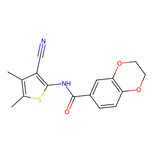N-(3-cyano-4,5-dimethylthiophen-2-yl)-2,3-dihydro-1,4-benzodioxine-6-carboxamide structure