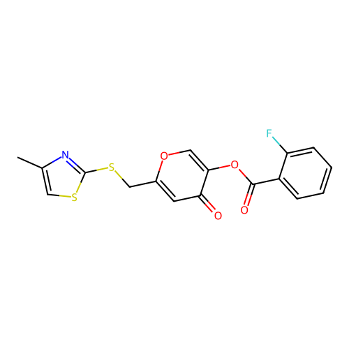 6-(((4-methylthiazol-2-yl)thio)methyl)-4-oxo-4H-pyran-3-yl 2-fluorobenzoate structure