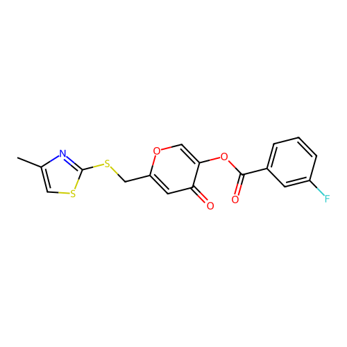 6-(((4-methylthiazol-2-yl)thio)methyl)-4-oxo-4H-pyran-3-yl 3-fluorobenzoate structure
