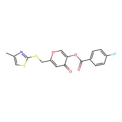 6-(((4-methylthiazol-2-yl)thio)methyl)-4-oxo-4H-pyran-3-yl 4-fluorobenzoate structure