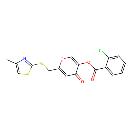6-(((4-methylthiazol-2-yl)thio)methyl)-4-oxo-4H-pyran-3-yl 2-chlorobenzoate structure
